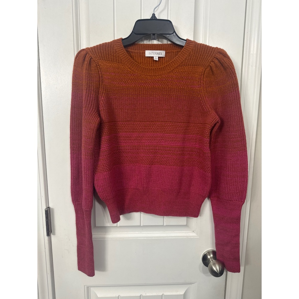 Intermix Womens Pink Orange Ombre Wool Knit Puff Sleeve Sweater Size S